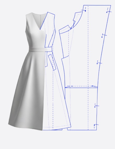 A trench coat design transforming into a sewing pattern.